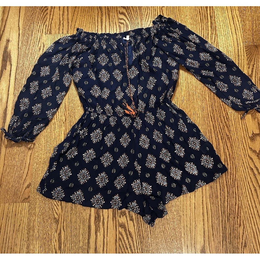 Womens Off Shoulder Romper Navy Floral Boho 3/4 Sleev L Elastic Waist Tassel Tie